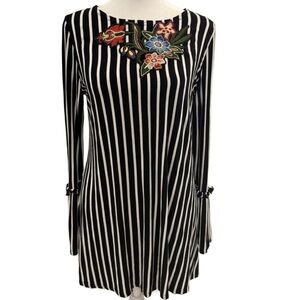 Mishca Striped Long Sleeve Tunic/ Top with Floral Embroidery appliqué. Small